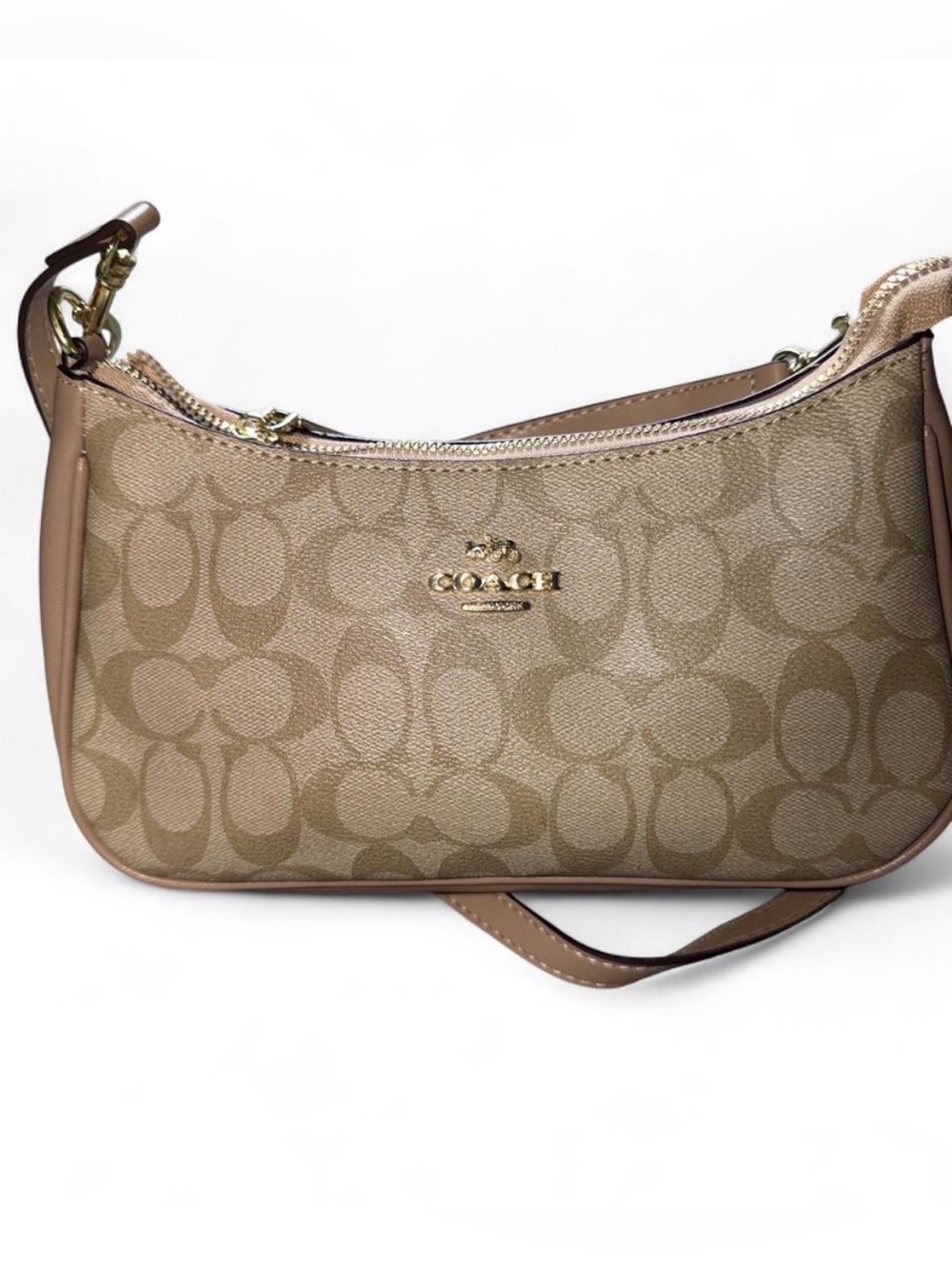Coach Tan Logo-Print Shoulder Bag with Gold Hardware